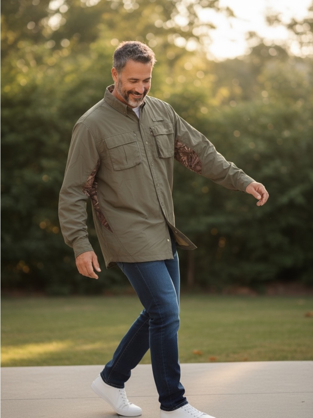 Men's Olive Green Long-Sleeve Button-Down Utility Shirt